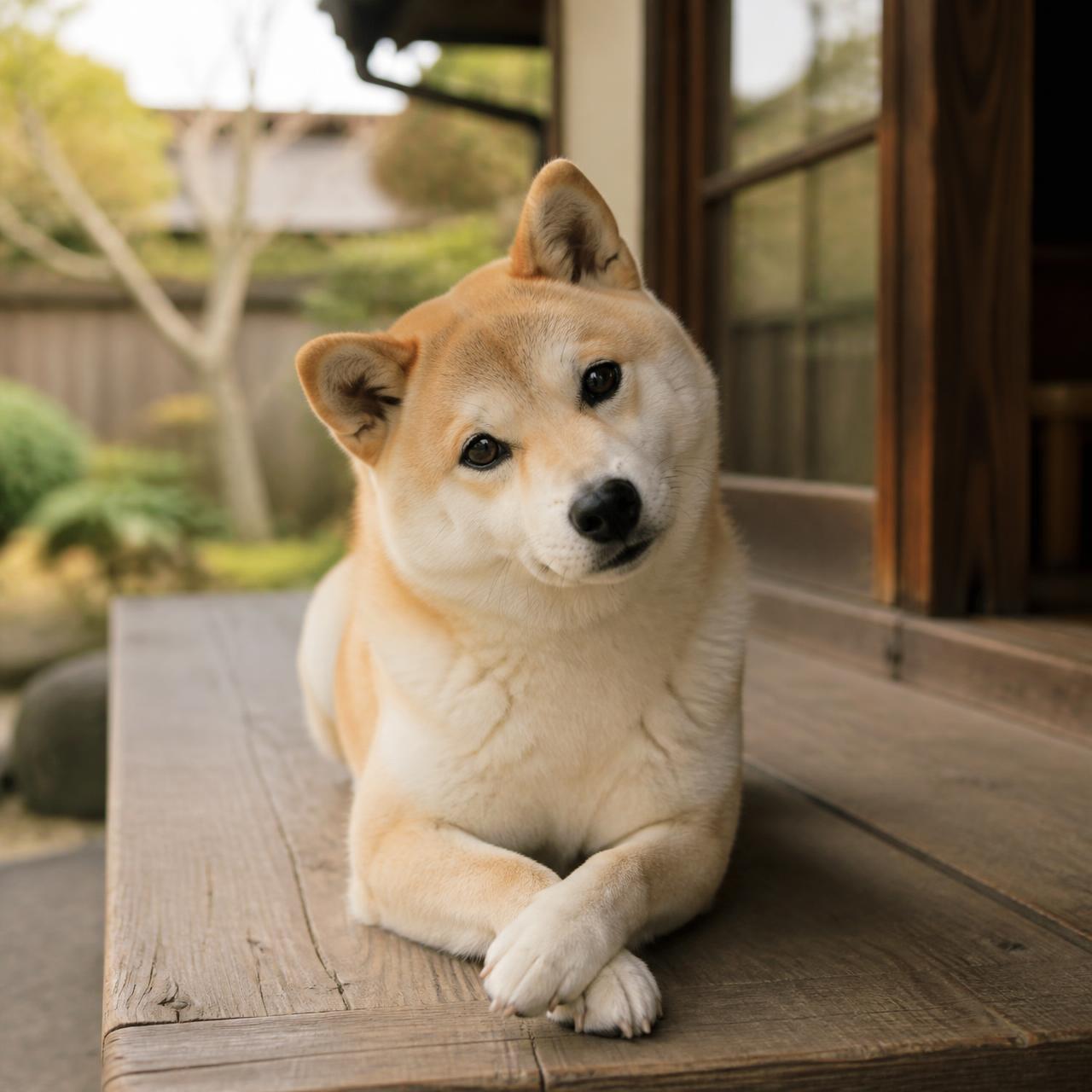 A cream and tan Shiba Inu sitting with crossed paws, glancing sideways